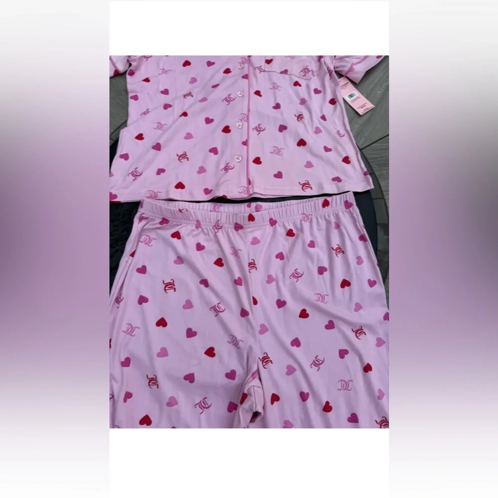 Juicy Couture Heart Logo Pajama Set Sleepwear Shirt/Pants JC Toss Pink  New - Picture 9 of 9